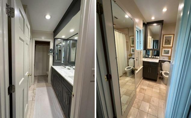 Images of Jared's primary and guest bathrooms before they were remodeled.